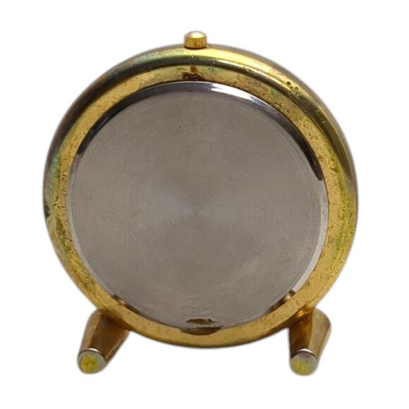 Vtg Small Smiley Face Happy Day Desk Clock Miniature 2" Brass Yellow - Picture 3 of 6